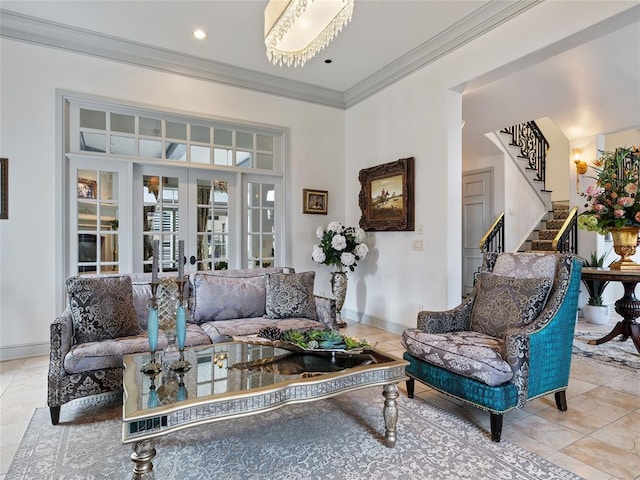 5808 Mistletoe Ct, Oklahoma City, OK 73142 - tiled living room featuring crown molding and french doors