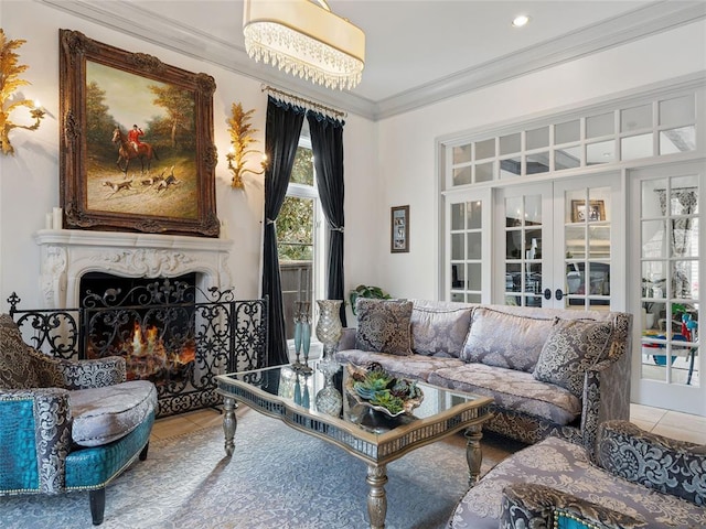5808 Mistletoe Ct, Oklahoma City, OK 73142 - living room with a fireplace, french doors, tile patterned floors, and ornamental molding