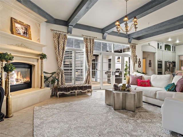 5808 Mistletoe Ct, Oklahoma City, OK 73142 - living room with beam ceiling, french doors, and a notable chandelier