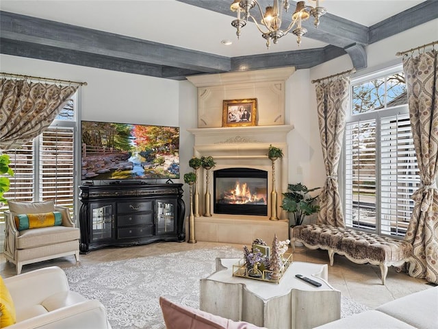 5808 Mistletoe Ct, Oklahoma City, OK 73142 - tiled living room featuring beamed ceiling, a fireplace, and an inviting chandelier