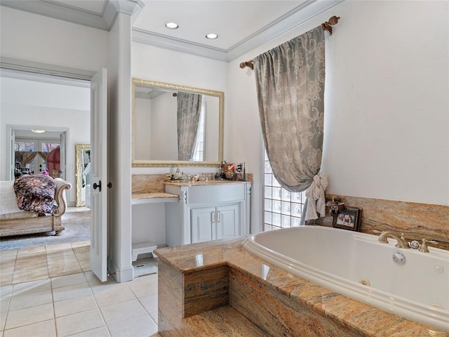 5808 Mistletoe Ct, Oklahoma City, OK 73142 - bathroom with tile patterned floors, tiled bath, vanity, and ornamental molding