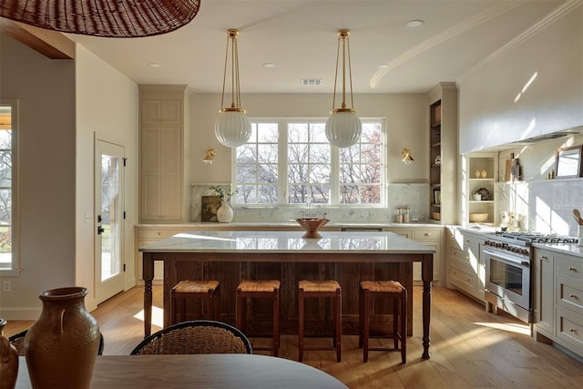 kitchen featuring tasteful backsplash, high end stainless steel range, a center island, and light hardwood / wood-style floors