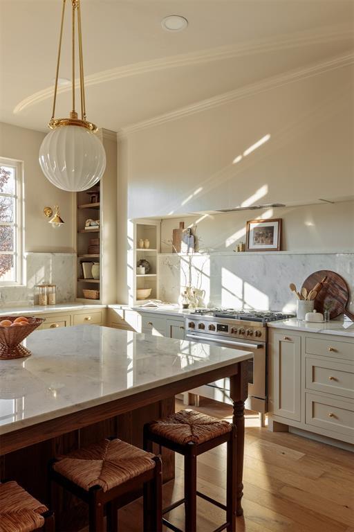 kitchen featuring light hardwood / wood-style floors, light stone countertops, backsplash, and stainless steel range