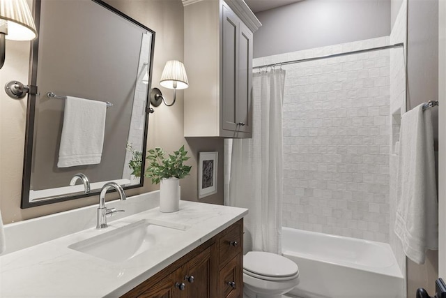 full bathroom with vanity, toilet, and shower / bath combo with shower curtain