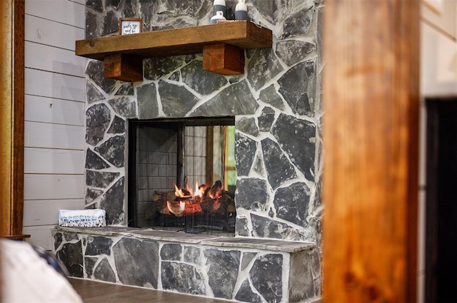 interior details with a stone fireplace and wood walls