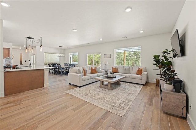 living room with light hardwood / wood-style floors and sink