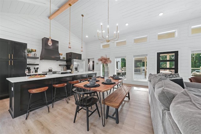 dining room with beam ceiling, wooden ceiling, an inviting chandelier, high vaulted ceiling, and light hardwood / wood-style floors