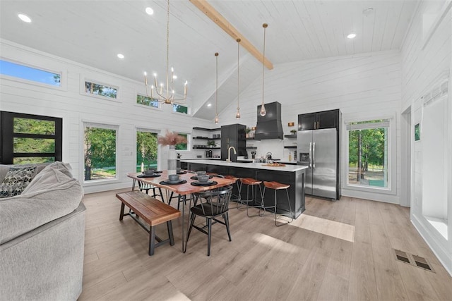 dining space featuring beamed ceiling, light hardwood / wood-style floors, high vaulted ceiling, and wooden ceiling