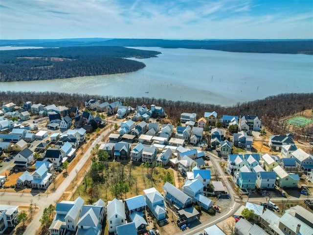 aerial view with a water view and a residential view