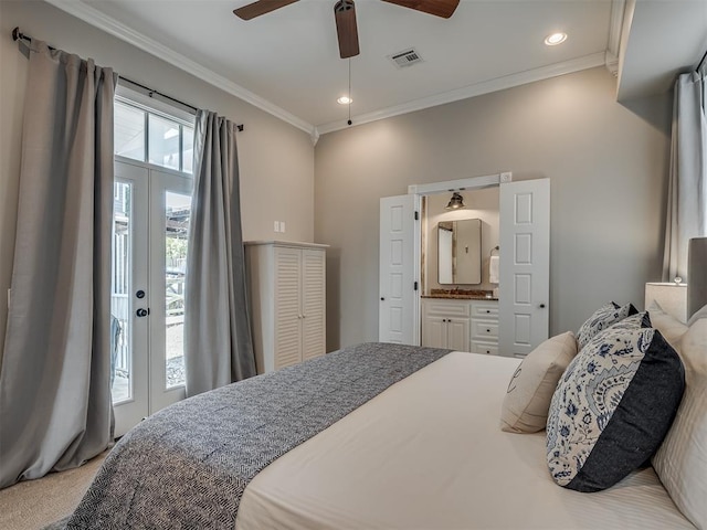 bedroom with access to outside, visible vents, french doors, and ornamental molding