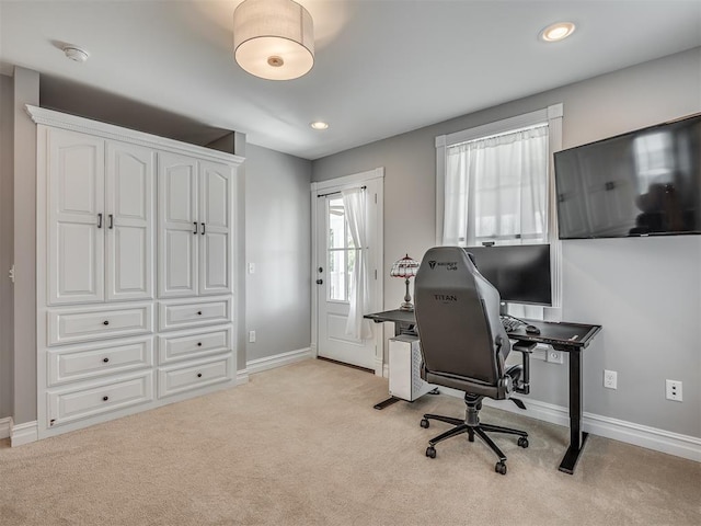 home office featuring recessed lighting, baseboards, and light colored carpet