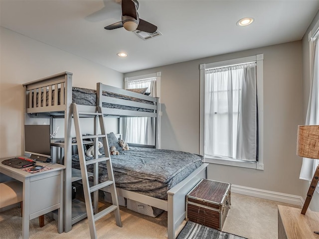 bedroom featuring ceiling fan, recessed lighting, visible vents, and baseboards