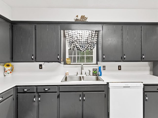 kitchen featuring gray cabinets, dishwasher, and sink