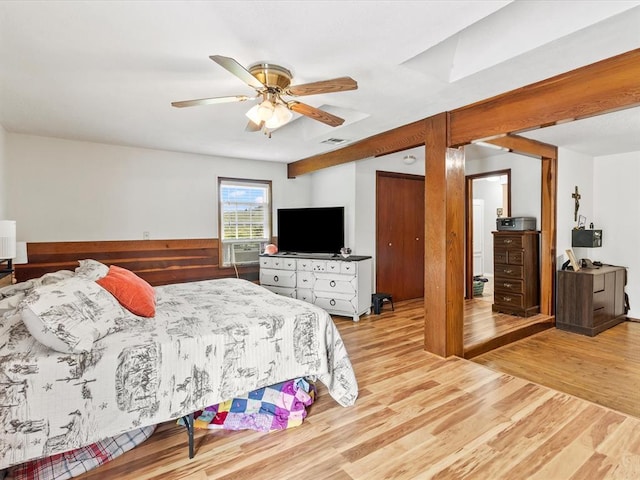 bedroom featuring ceiling fan and light wood-type flooring