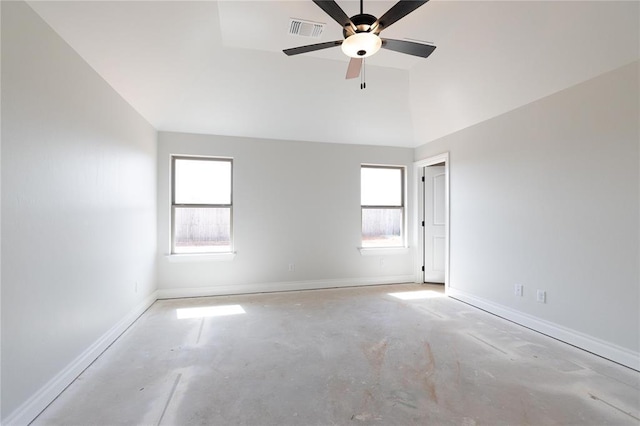 11813 Ethan Mark Dr, Yukon, OK 73099 - unfurnished room featuring unfinished concrete flooring, vaulted ceiling, baseboards, and ceiling fan