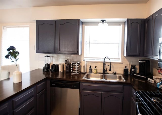 kitchen with black gas range, stainless steel dishwasher, backsplash, and sink