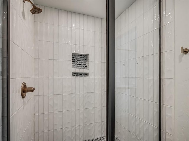 bathroom with a shower with shower door