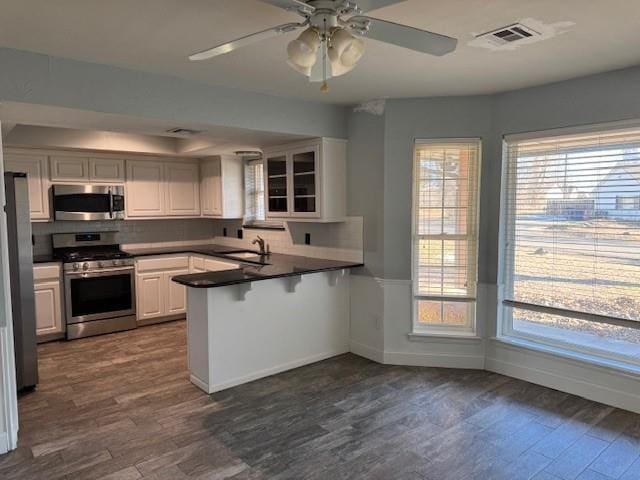 kitchen with stainless steel appliances, a peninsula, a sink, and dark wood finished floors