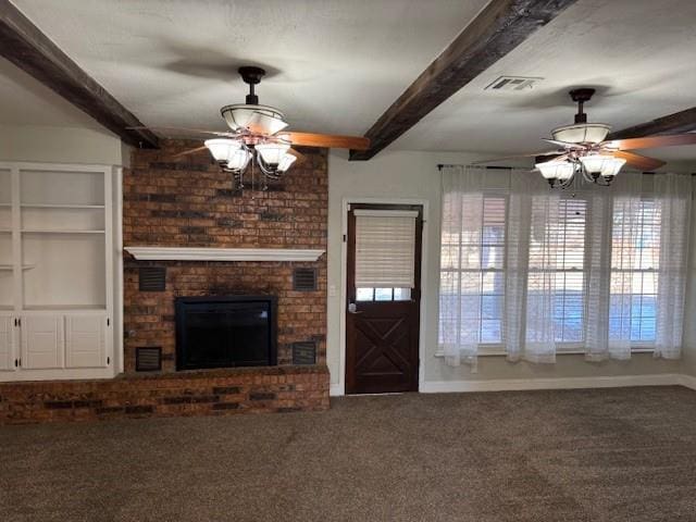 unfurnished living room featuring baseboards, carpet, visible vents, and beam ceiling