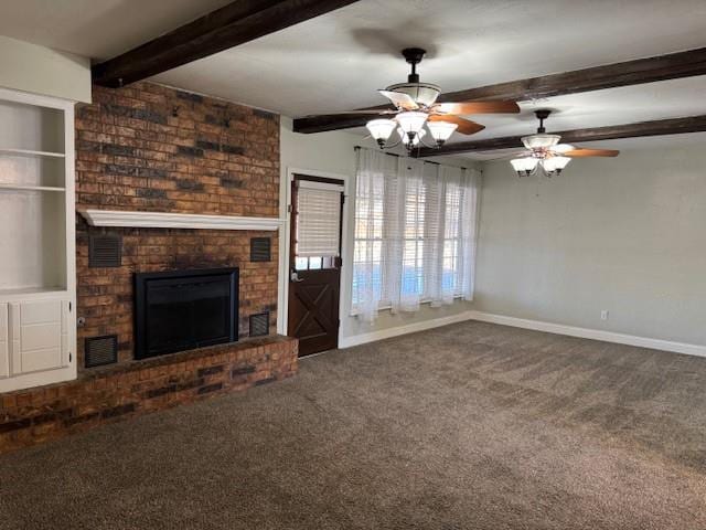 unfurnished living room featuring visible vents, baseboards, carpet floors, a brick fireplace, and beam ceiling