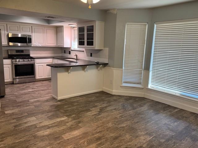 kitchen featuring stainless steel appliances, a sink, a peninsula, and dark wood-style floors