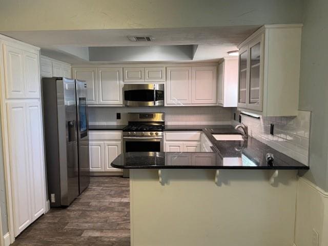 kitchen featuring a peninsula, a tray ceiling, appliances with stainless steel finishes, and a sink