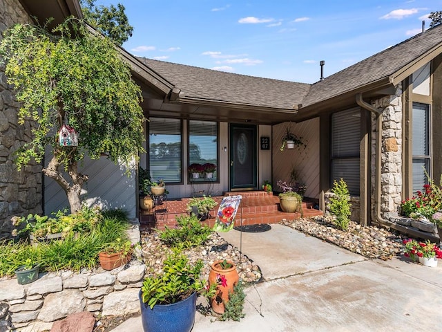 2207 Lake Front Cir, Norman, OK 73069 - doorway to property with a shingled roof and stone siding