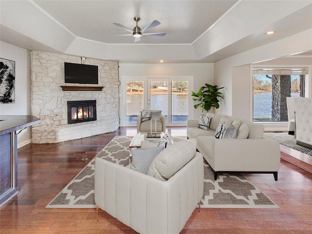 living room with ceiling fan, a healthy amount of sunlight, a raised ceiling, and a fireplace