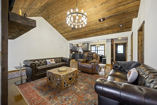 living room featuring high vaulted ceiling, an inviting chandelier, and wood ceiling