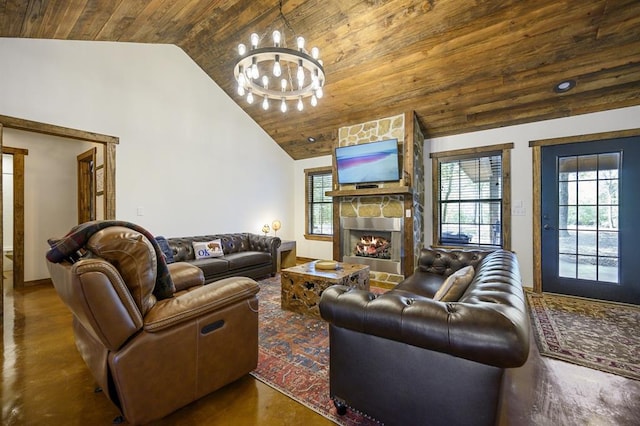 living room with a chandelier, a fireplace, wooden ceiling, and lofted ceiling