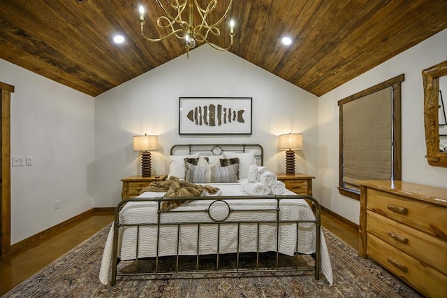 bedroom with a chandelier, lofted ceiling, and wooden ceiling