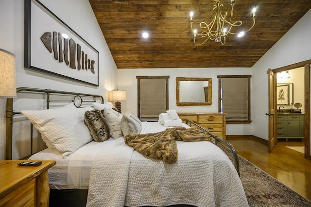 bedroom featuring a chandelier, wood ceiling, and lofted ceiling