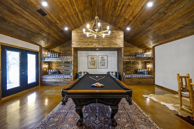 playroom featuring french doors, wooden ceiling, high vaulted ceiling, a chandelier, and pool table