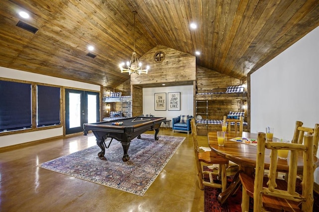 rec room with french doors, concrete flooring, high vaulted ceiling, wooden ceiling, and pool table