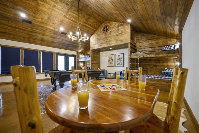 dining area with french doors, high vaulted ceiling, wood ceiling, and pool table