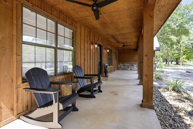 view of patio / terrace featuring ceiling fan and covered porch