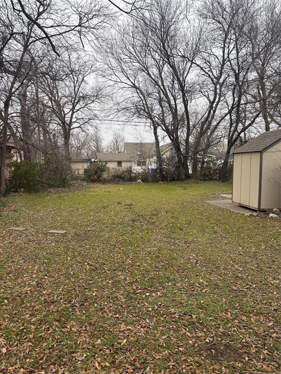 view of yard featuring a storage unit