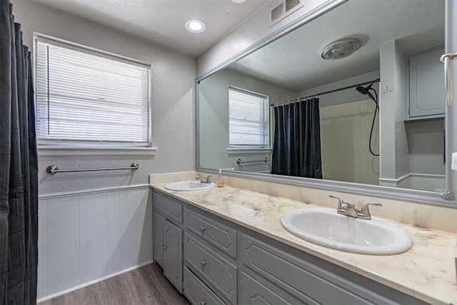 bathroom with vanity and hardwood / wood-style flooring