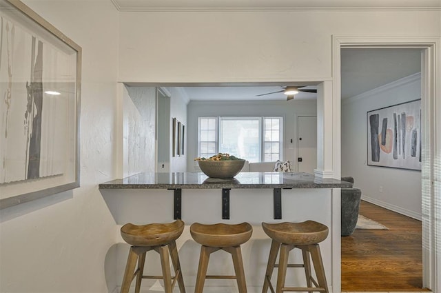 kitchen with dark hardwood / wood-style floors, crown molding, and a breakfast bar area