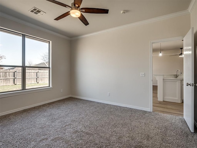 carpeted empty room with ceiling fan, ornamental molding, and sink
