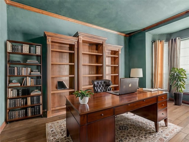 office space featuring hardwood / wood-style floors and ornamental molding