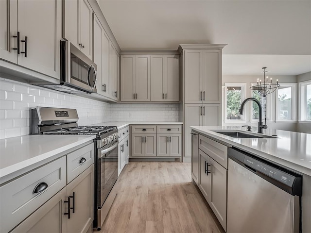 kitchen with tasteful backsplash, stainless steel appliances, sink, a notable chandelier, and light hardwood / wood-style floors