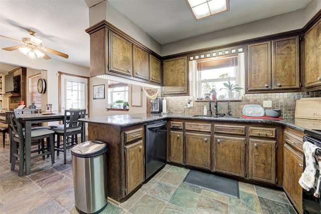 kitchen with sink, ceiling fan, tasteful backsplash, kitchen peninsula, and dishwashing machine