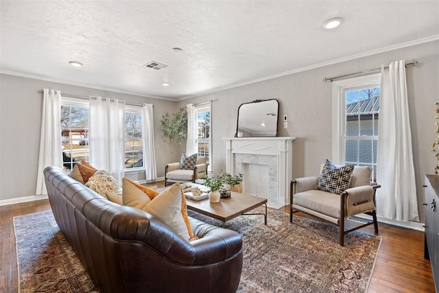 living room with a fireplace, crown molding, dark hardwood / wood-style flooring, and a textured ceiling