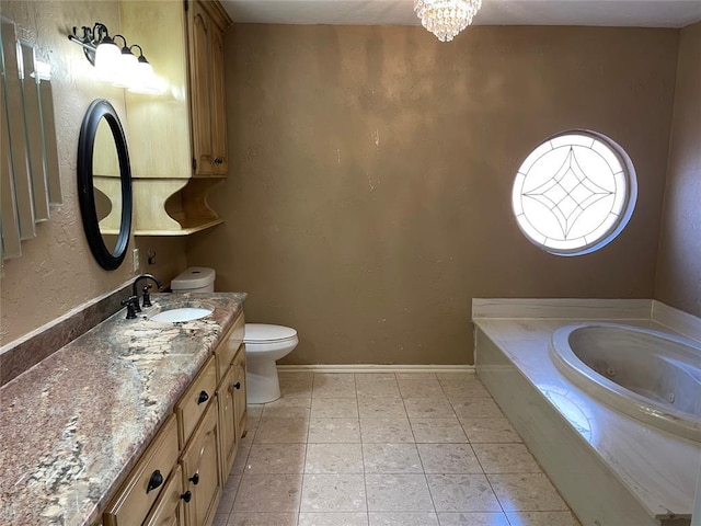 bathroom with toilet, a chandelier, tile patterned flooring, a bath, and vanity