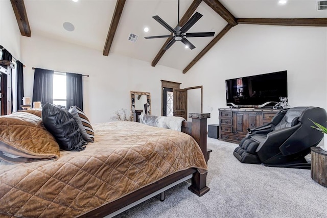 bedroom featuring ceiling fan, beamed ceiling, carpet, and high vaulted ceiling