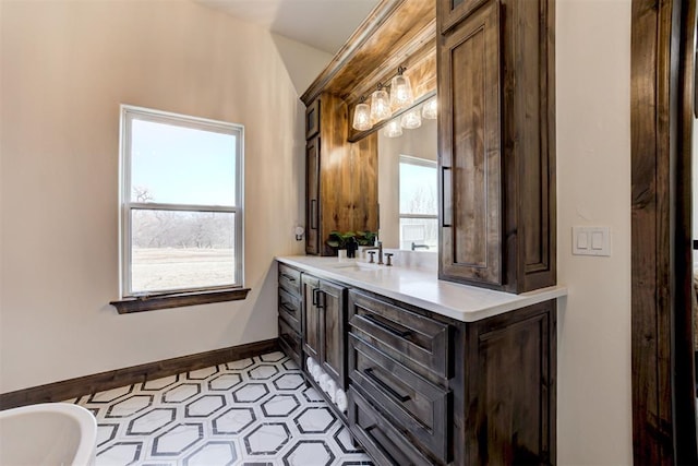 bathroom featuring a washtub, vanity, and a healthy amount of sunlight