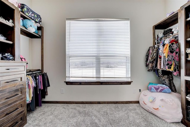 spacious closet featuring light carpet