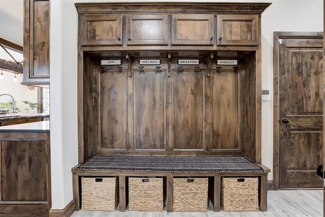 mudroom with sink and light hardwood / wood-style flooring