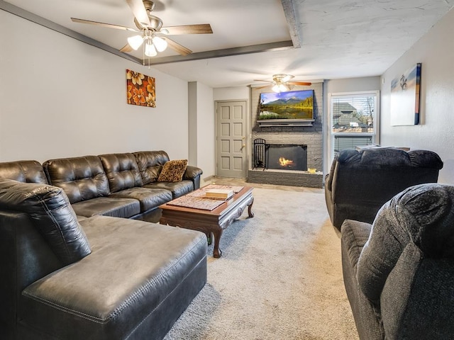 carpeted living room featuring a brick fireplace